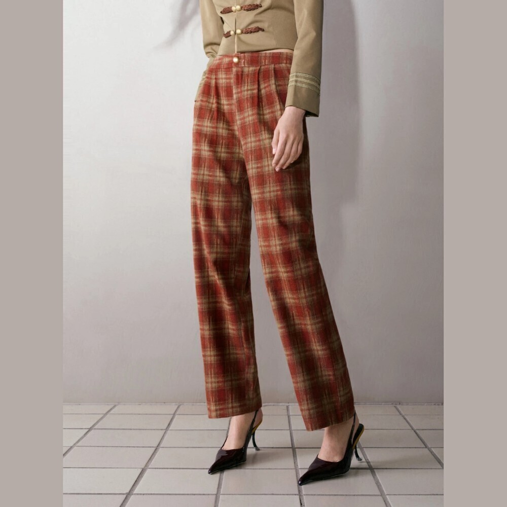 Rust Brown Plaid Pleated Front Straight Leg Trousers